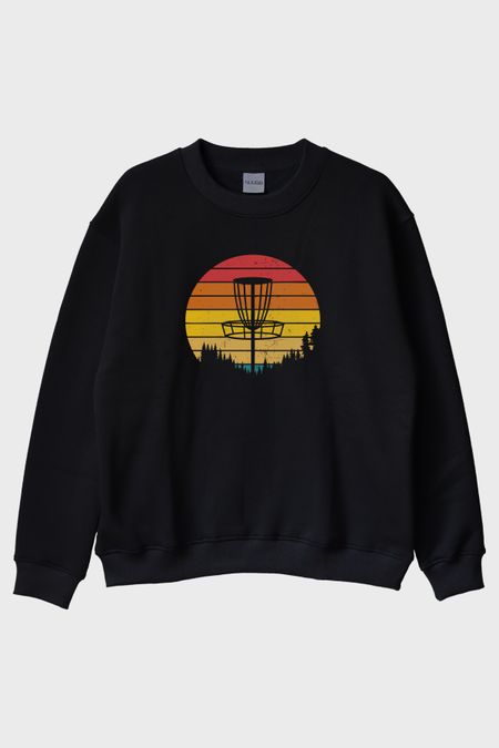 Retro Güneş Batışı Tasarımlı Disk Golf Sepetli Siyah Bisiklet Yaka Sweatshirt