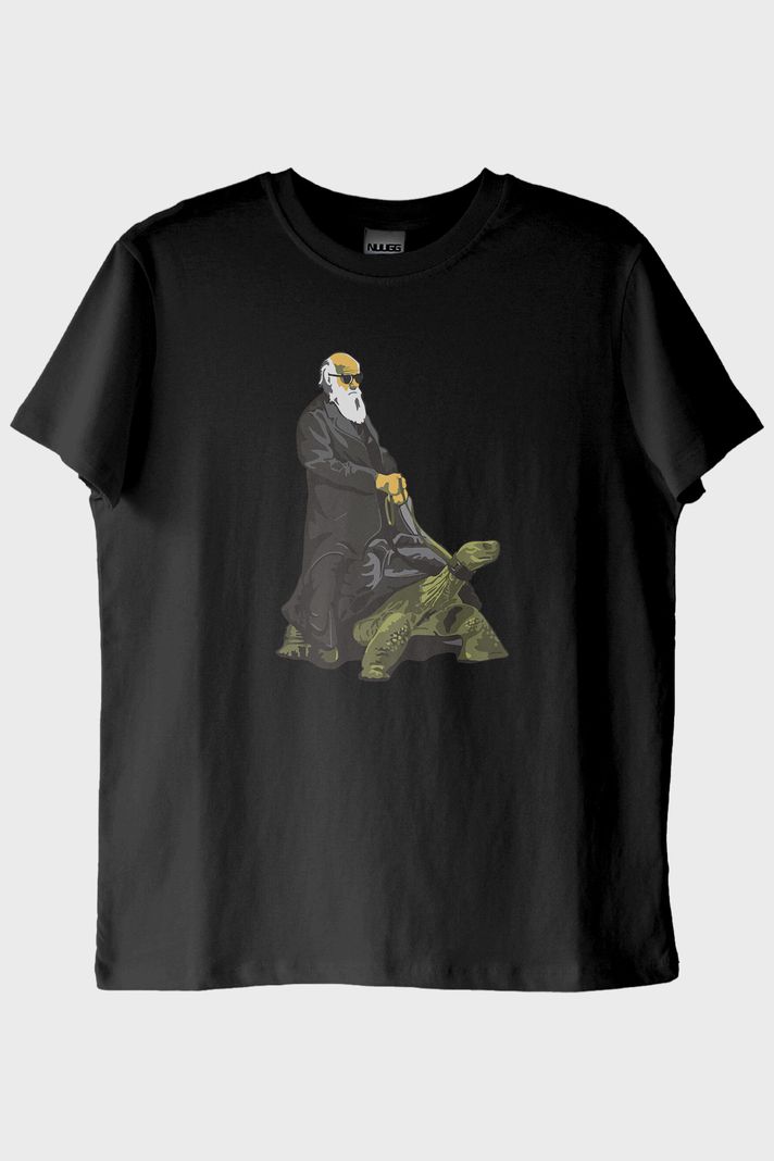 Kaplumbağa Darvin Baskılı Bilimsel Siyah T-Shirt