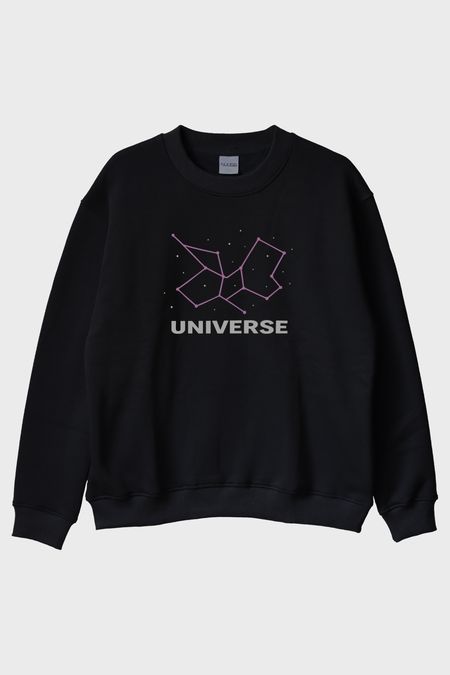 Kozmik Yıldız Desenli Siyah Bisiklet Yaka Sweatshirt