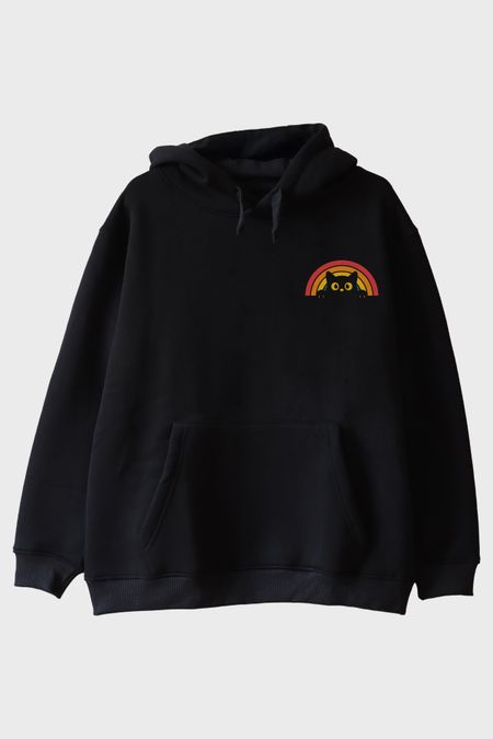 Rainbow Cat Baskılı Tasarım Siyah Hoodie