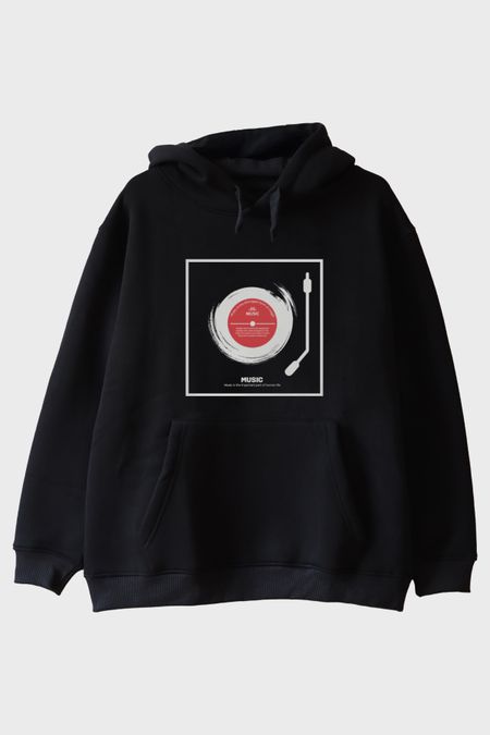 Music Is The Important Part Baskılı Plak Tasarımlı Siyah Hoodie