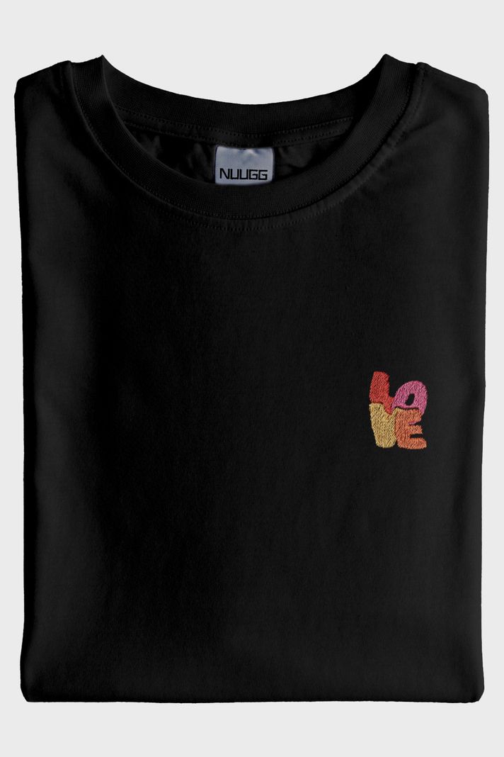LO-VE Desenli Nakış Siyah T-Shirt - Sevgililer Günü Tasarımı