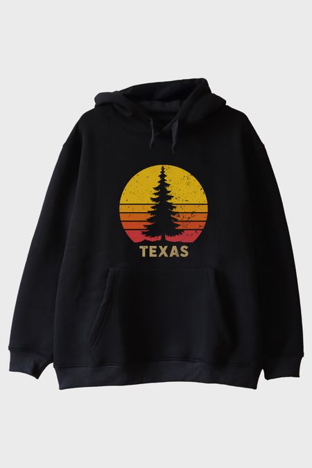 TEXAS Doğa Temalı Gün Batımı Tasarımlı Siyah Hoodie
