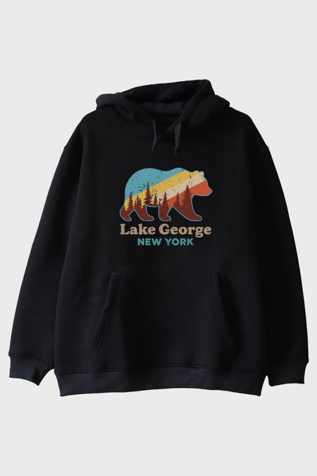 Lake George New York Ayı Siluetli Baskılı Siyah Hoodie