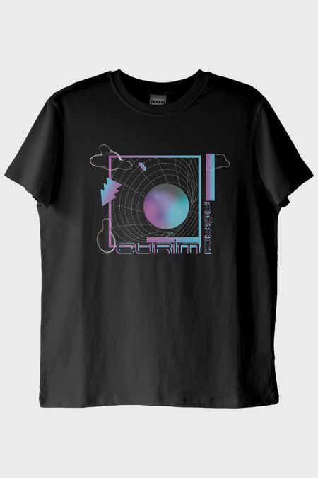 Evrim Ağacı Retro Geometrik Desenli Baskılı Siyah Tişört