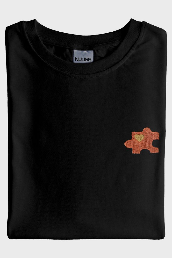 Turuncu Puzzle Parçası Desenli Nakış Siyah T-Shirt - Sevgililer Günü Çift Tişörtü