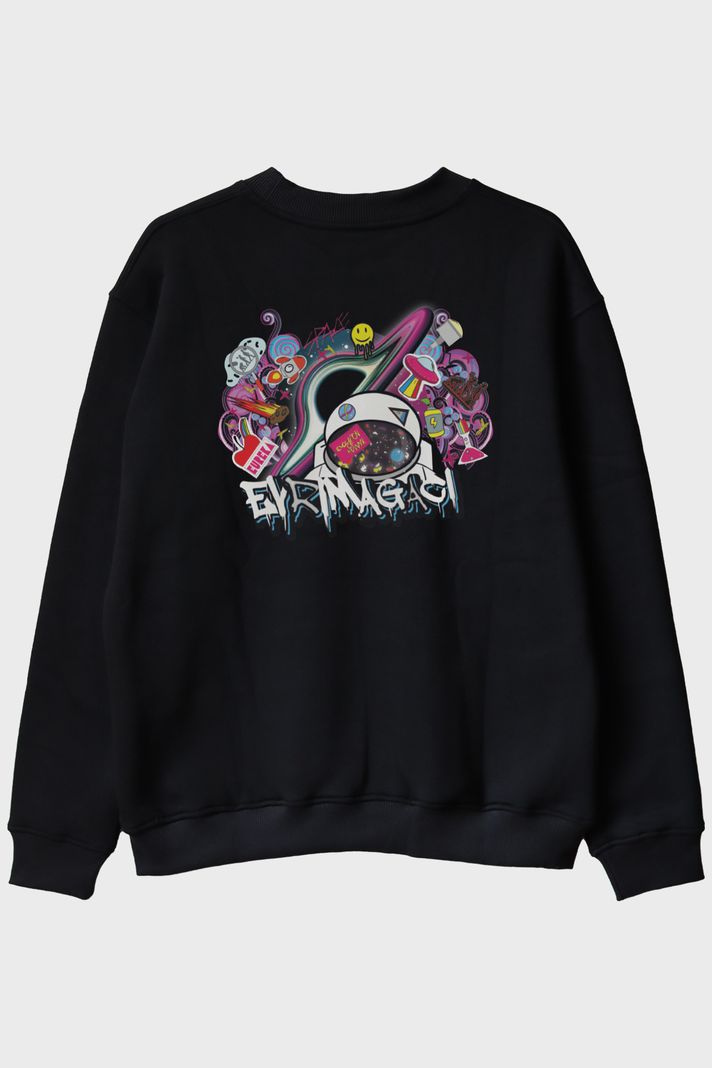 Astronot Evren Temalı Baskılı Bilim Siyah Bisiklet Yaka Sweatshirt