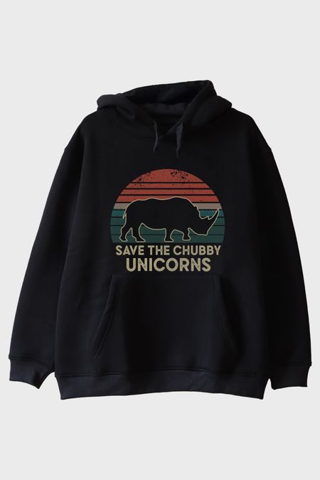 Save the Chubby Unicorns Retro Gergedan Baskılı Siyah Hoodie