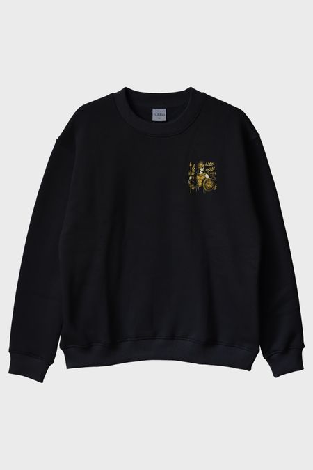 Athena Figürlü Siyah Bisiklet Yaka Sweatshirt
