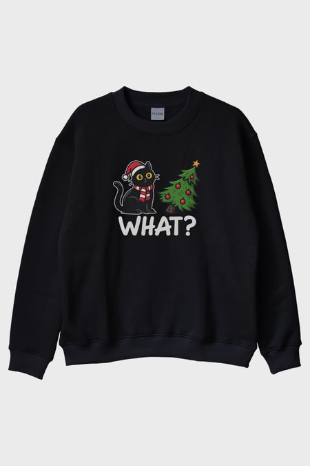 Noel Kedisi Siyah Bisiklet Yaka Sweatshirt