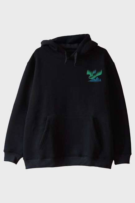Aurora Borealis Kuzey Işıkları Tasarımlı Siyah Hoodie