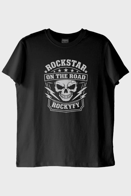 Rockstar On The Road Kafatası Baskılı Siyah Tişört