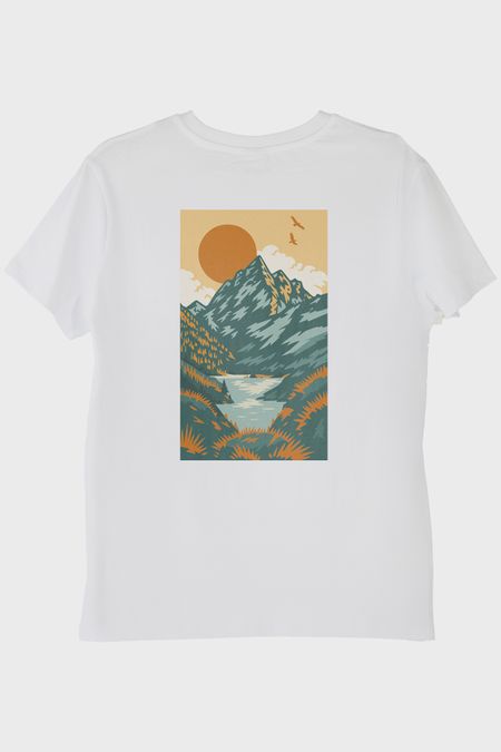 Doğa Manzaralı Turuncu Güneşli Baskılı Beyaz Tişört