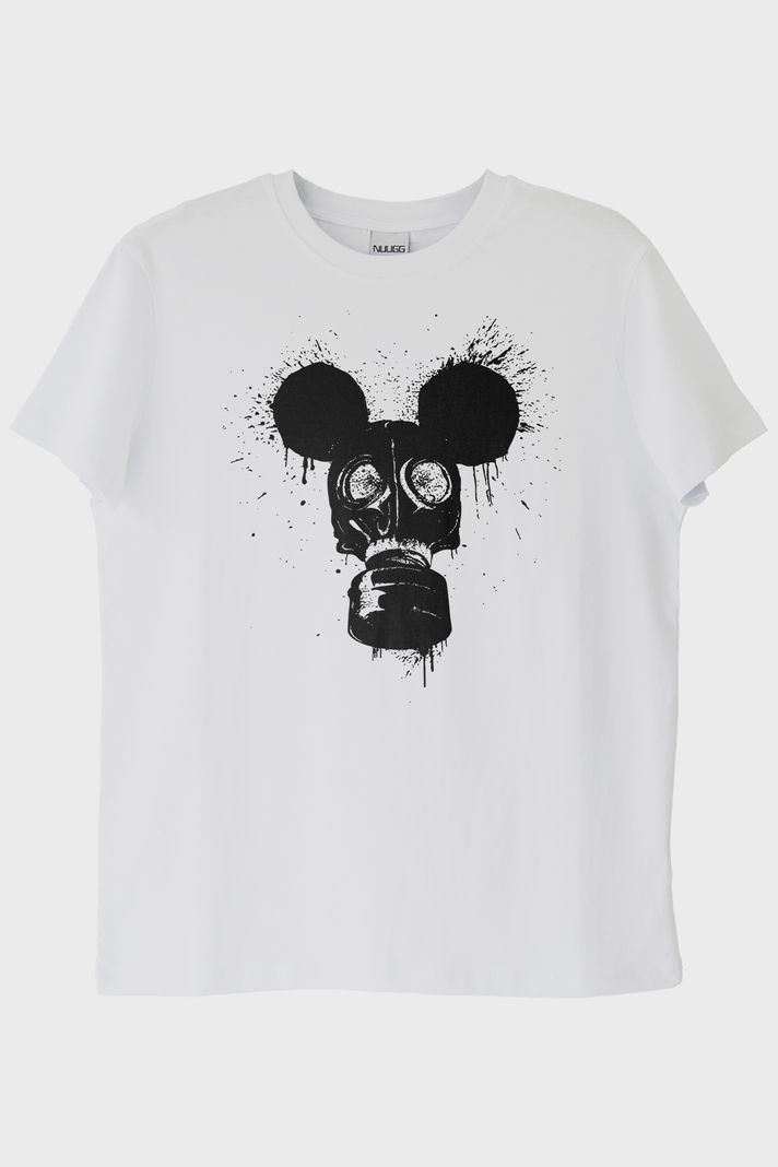 Gaz Maskesi ve Mouse Kulakları Tasarımlı Siyah Beyaz Tişört