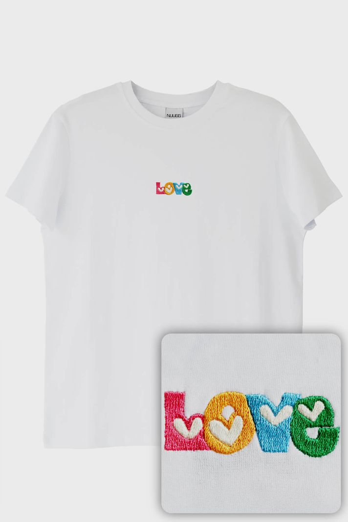 Love Desenli Nakış Tişört - Sevgililer Günü Tasarımı