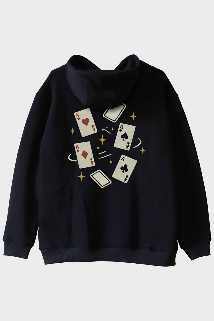Dörtlü As Figürlü Siyah Hoodie