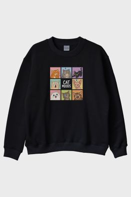 Cat Moods Siyah Bisiklet Yaka Sweatshirt