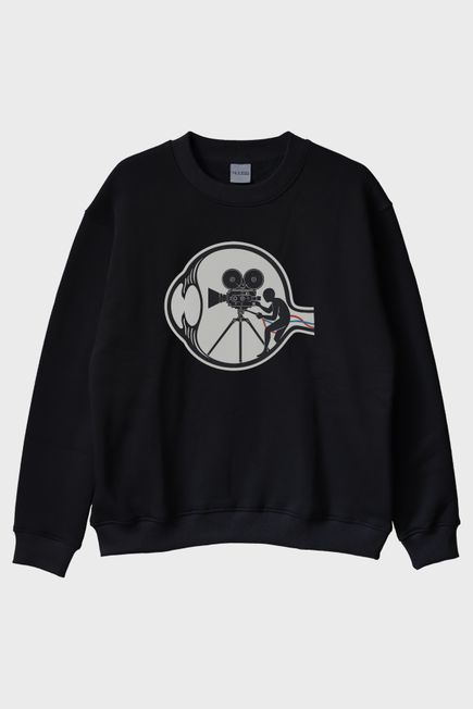Eski Film Kamerası Baskılı Tasarım Siyah Bisiklet Yaka Sweatshirt