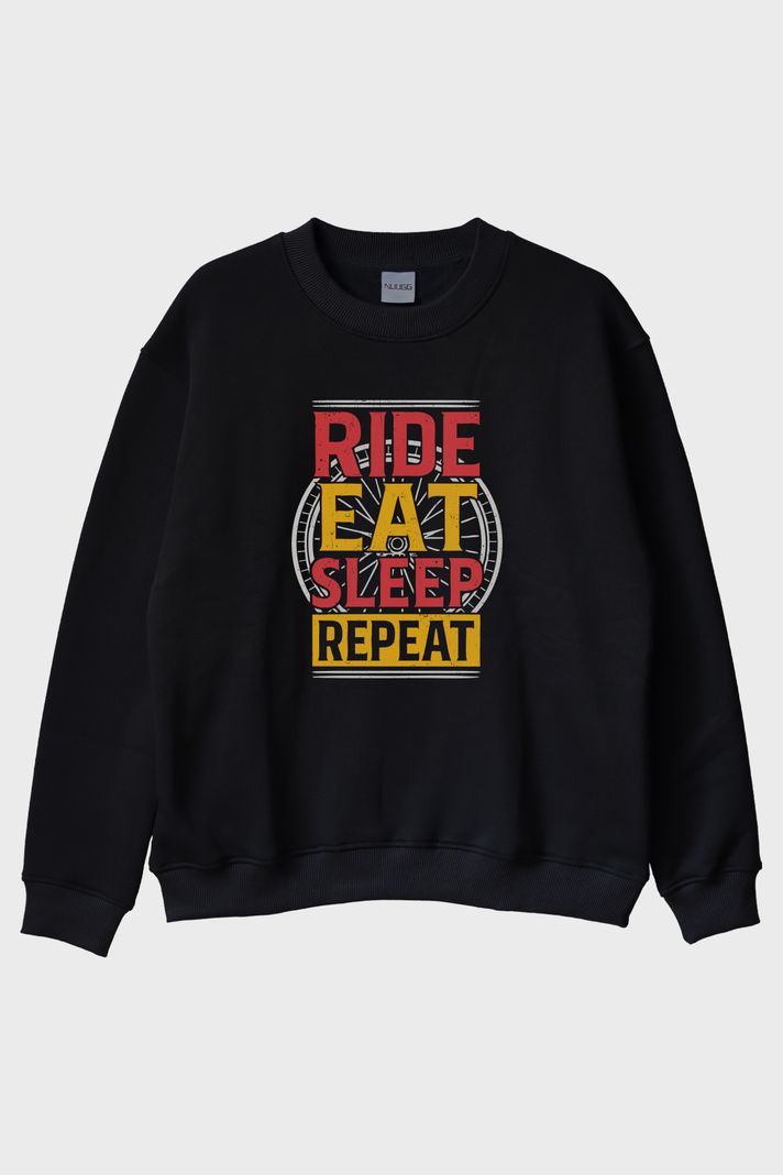 Ride Eat Sleep Repeat Baskılı Siyah Bisiklet Yaka Sweatshirt