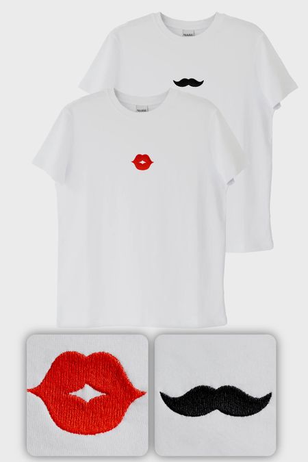 Dudak ve Bıyık Desenli Çift Kombin Tişört