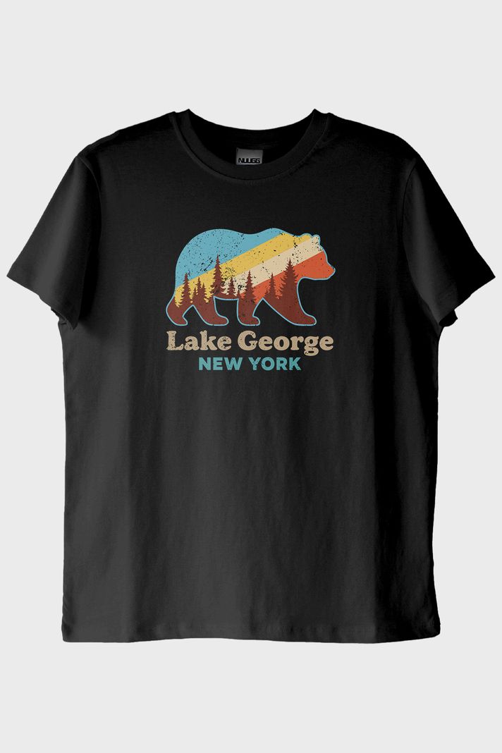 Lake George New York Ayı Siluetli Baskılı Siyah Tişört
