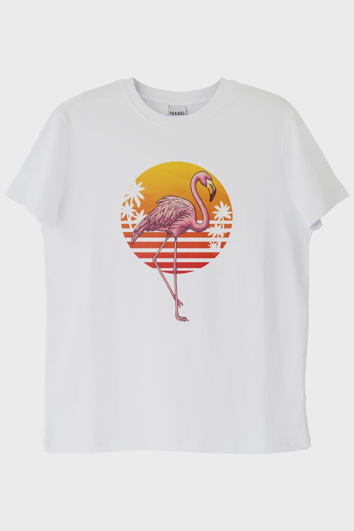 Retro Flamingo Baskılı Beyaz Tişört