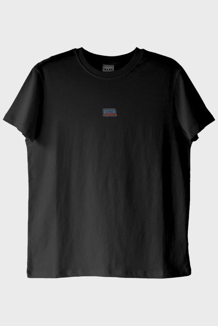 Mavi Kaset Desenli Nakış Siyah T-Shirt