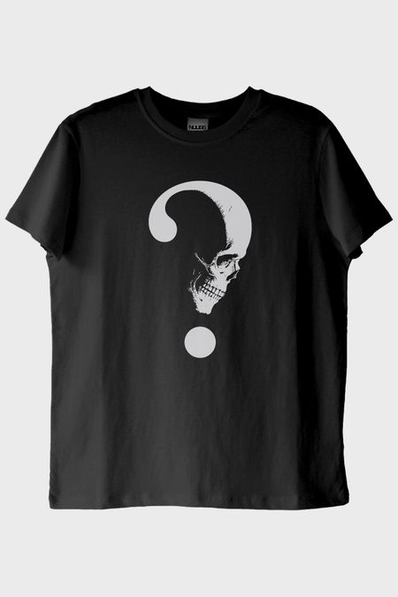 Gothic Soru İşareti Kafatası Baskılı Siyah Tişört