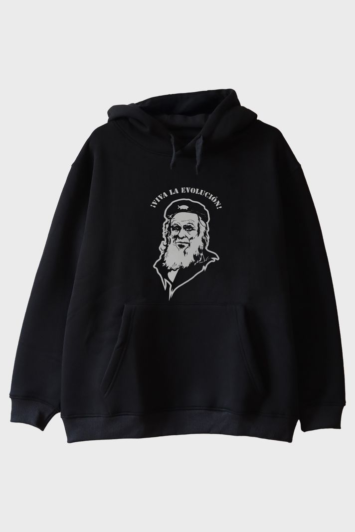 ¡Viva la Evolución! Baskılı Bilim Temalı Siyah Hoodie