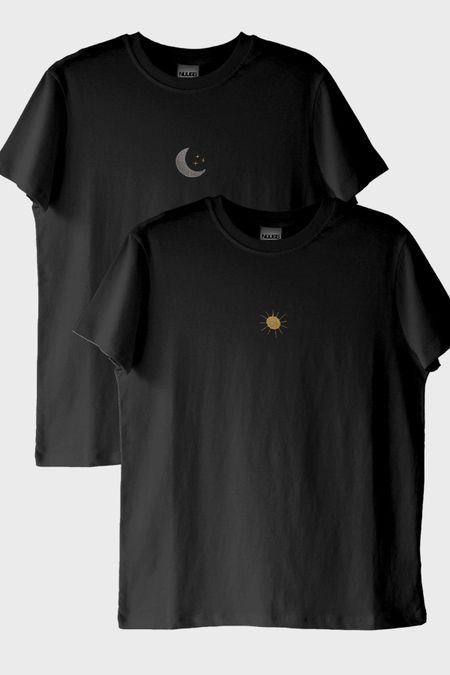 Ay ve Güneş Desenli Nakışlı Çift Kombin Siyah T-Shirt