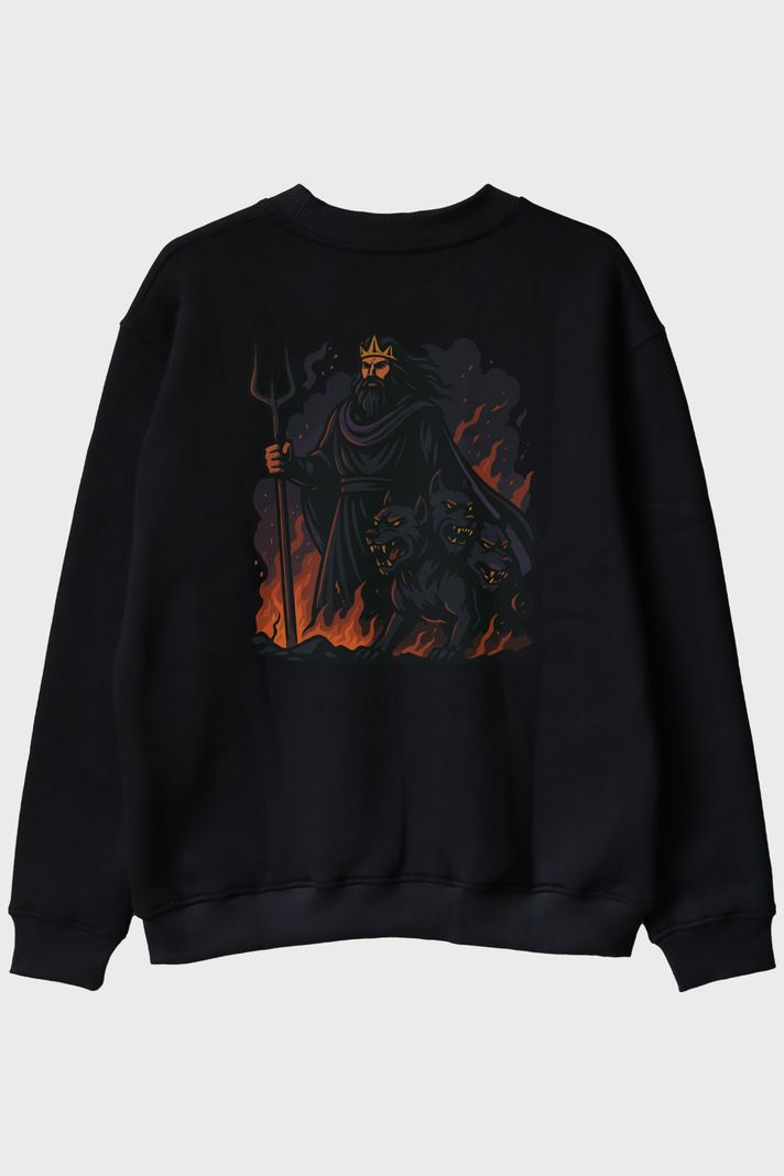 Hades ve Cerberus Siyah Bisiklet Yaka Sweatshirt