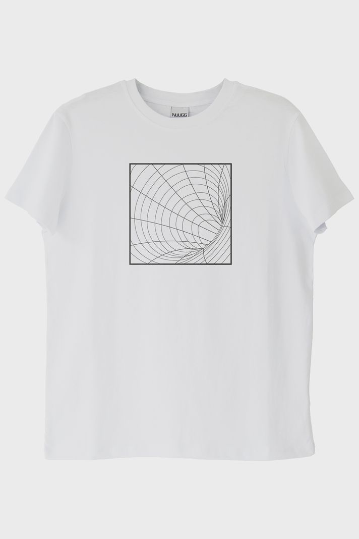 Optik İllüzyon Tasarımlı Solucan Deliği Baskılı Beyaz Tişört