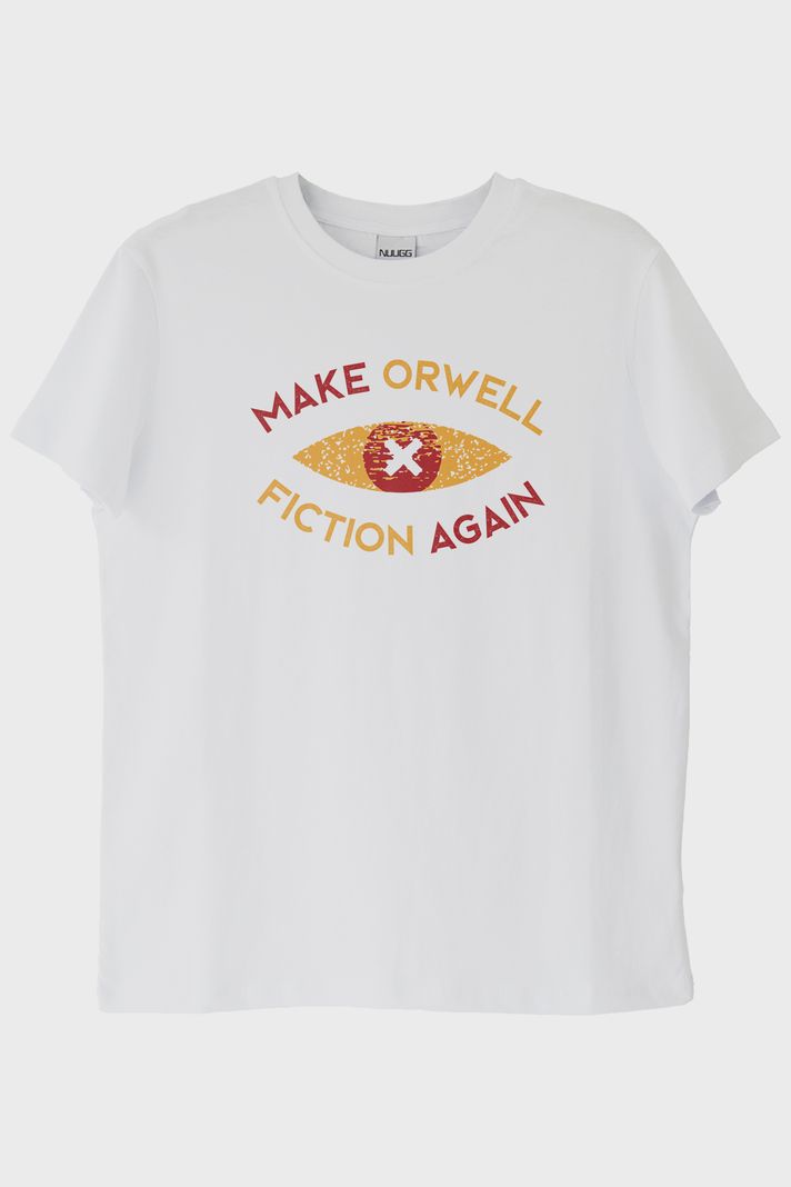 Distopya İlhamlı 'Make Orwell Fiction Again' Minimalist Beyaz Tişört