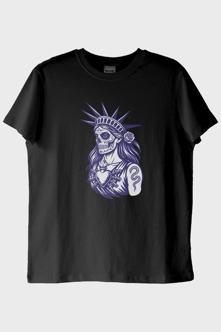 Özgürlük Heykeli Stilinde İllüstrasyonlu Baskılı Siyah Tişört