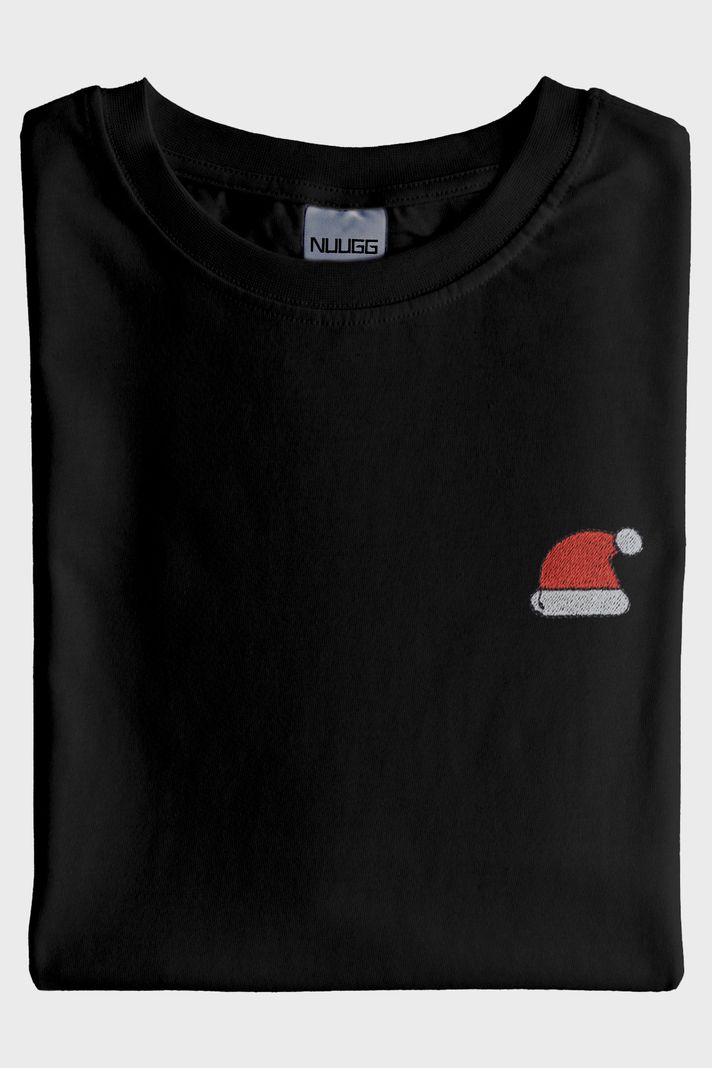 Noel Şapka Baskılı Siyah Tişört