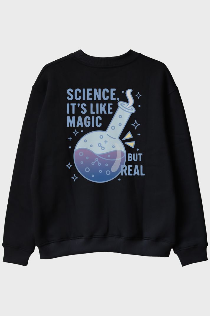 Bilim ve Sihirin Eğlenceli Buluşması Siyah Bisiklet Yaka Sweatshirt