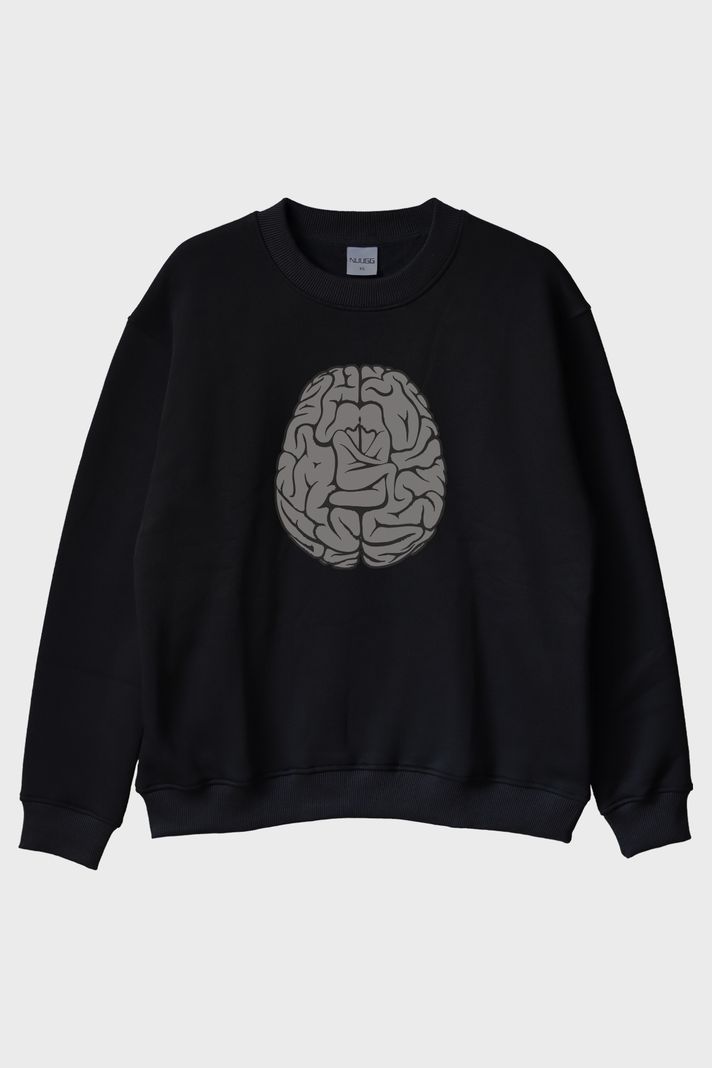 Beyin Grafikli Baskılı Siyah Bisiklet Yaka Sweatshirt