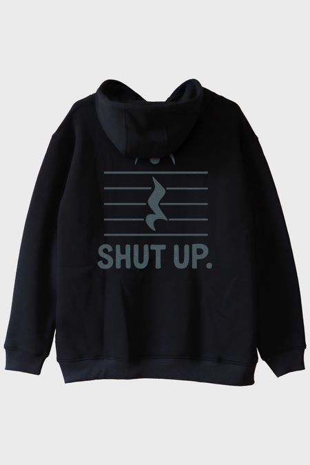 Minimalist 'Shut Up' Müzik Temalı Esprili Siyah Hoodie
