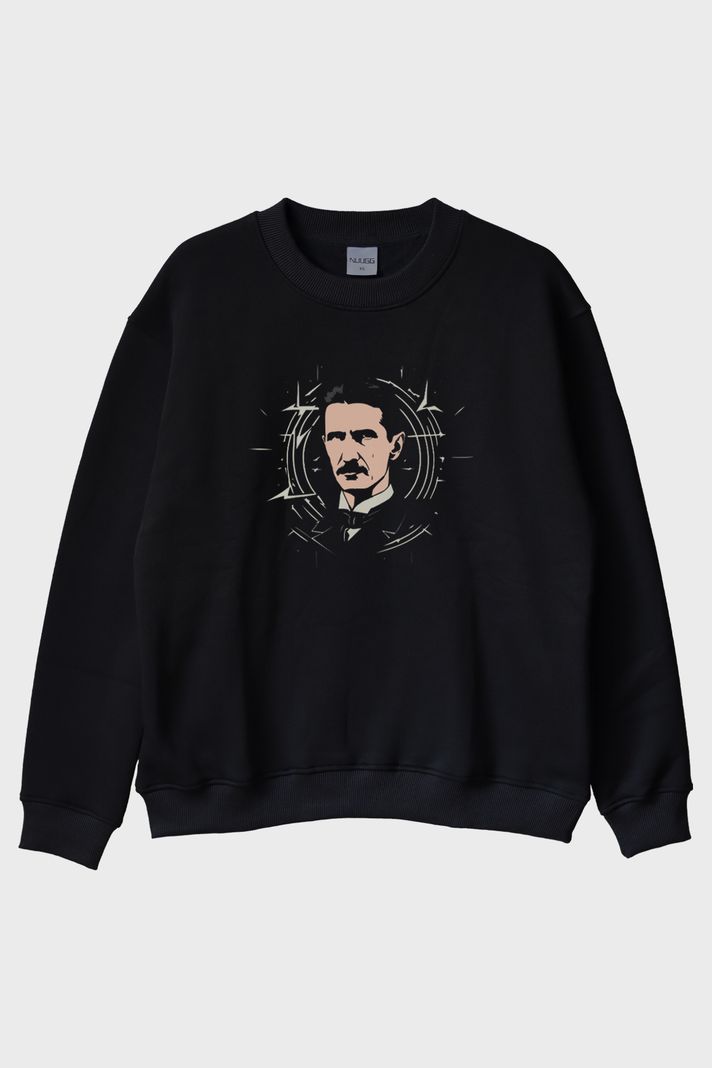 Nikola Tesla İllüstrasyon Baskılı Tasarım Siyah Bisiklet Yaka Sweatshirt