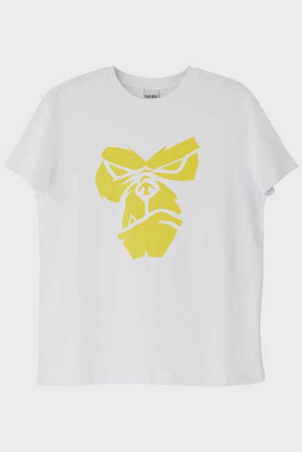 Zemin Üzerine Parlak Sarı Goril Yüzü Baskılı Beyaz Tişört