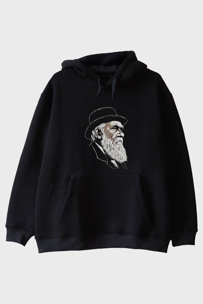 Darvin Portre Baskılı Tasarım Siyah Hoodie