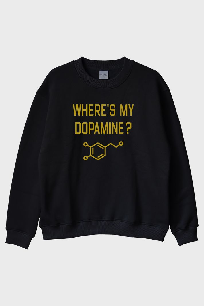 Where's My Dopamine Baskılı Bilim Temalı Siyah Bisiklet Yaka Sweatshirt