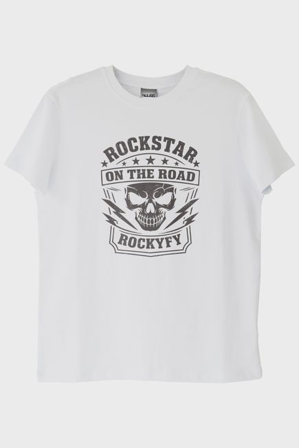 Rockstar On The Road Kafatası Baskılı Beyaz Tişört