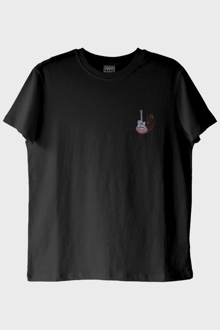 Gitar Notalı Nakış Müzik Siyah T-Shirt
