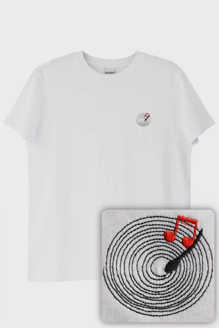 Plak Desenli Nakış Müzik T-Shirt