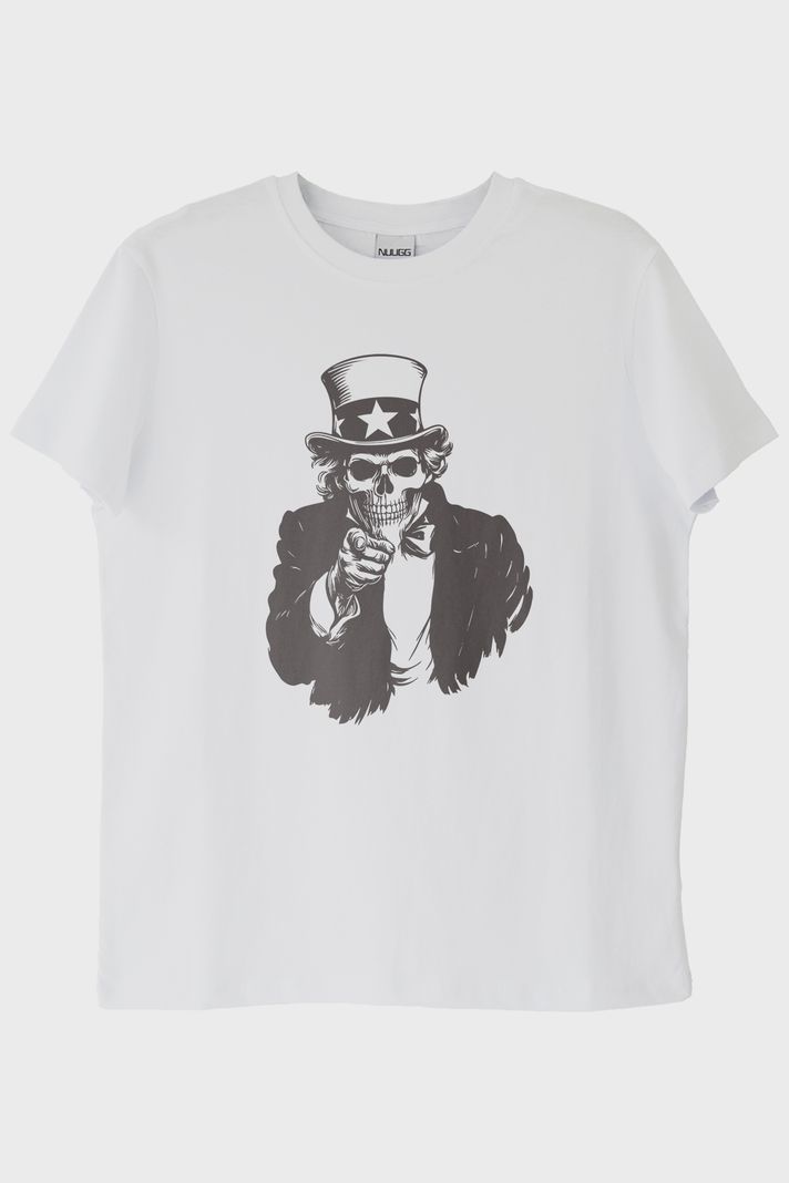 Şapkalı İskelet Baskılı Beyaz Tişört