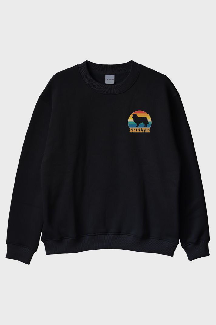 Sheltie Baskılı Retro Köpek Tasarımlı Siyah Bisiklet Yaka Sweatshirt