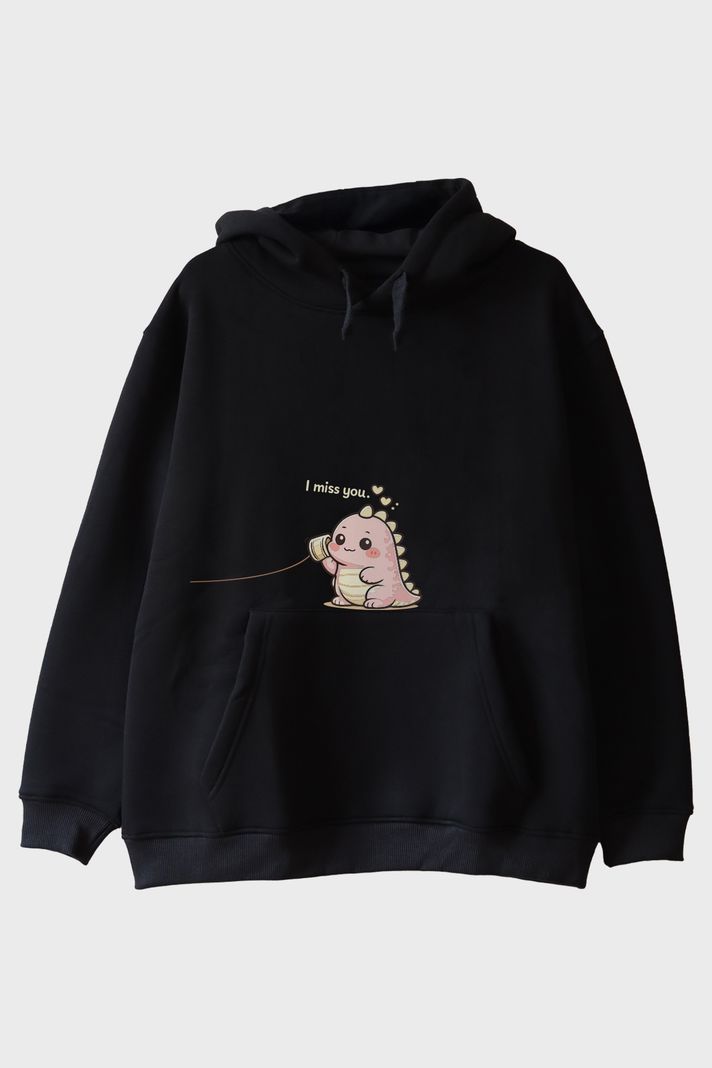 I Miss You Dinozor Siyah Hoodie