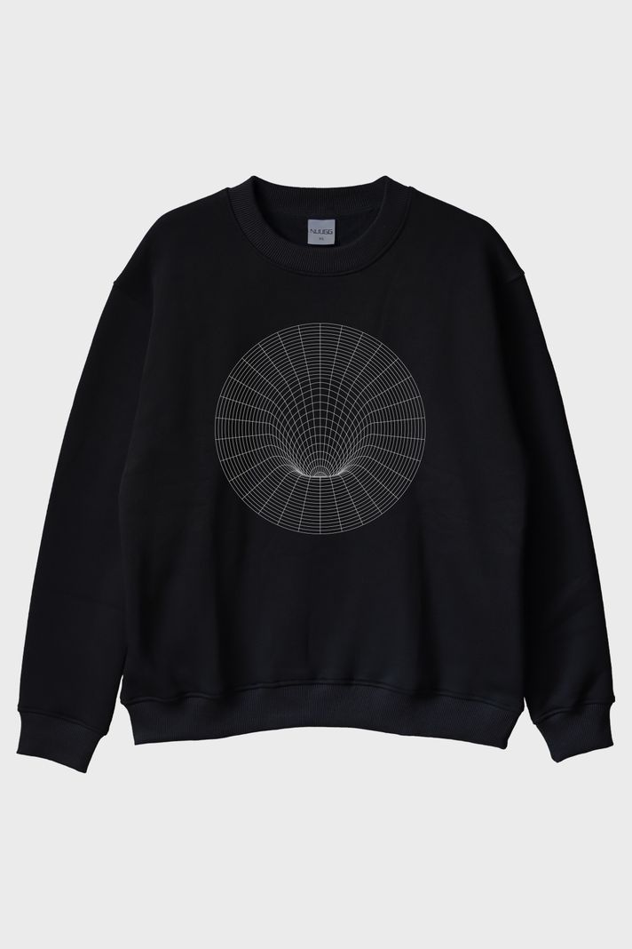 Wormholecircle Baskılı Modern Bilim ve Teknoloji Siyah Bisiklet Yaka Sweatshirtü
