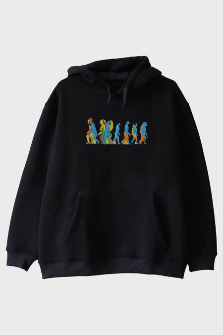 Evrim Zinciri Baskılı Canlı Tasarım Siyah Hoodie